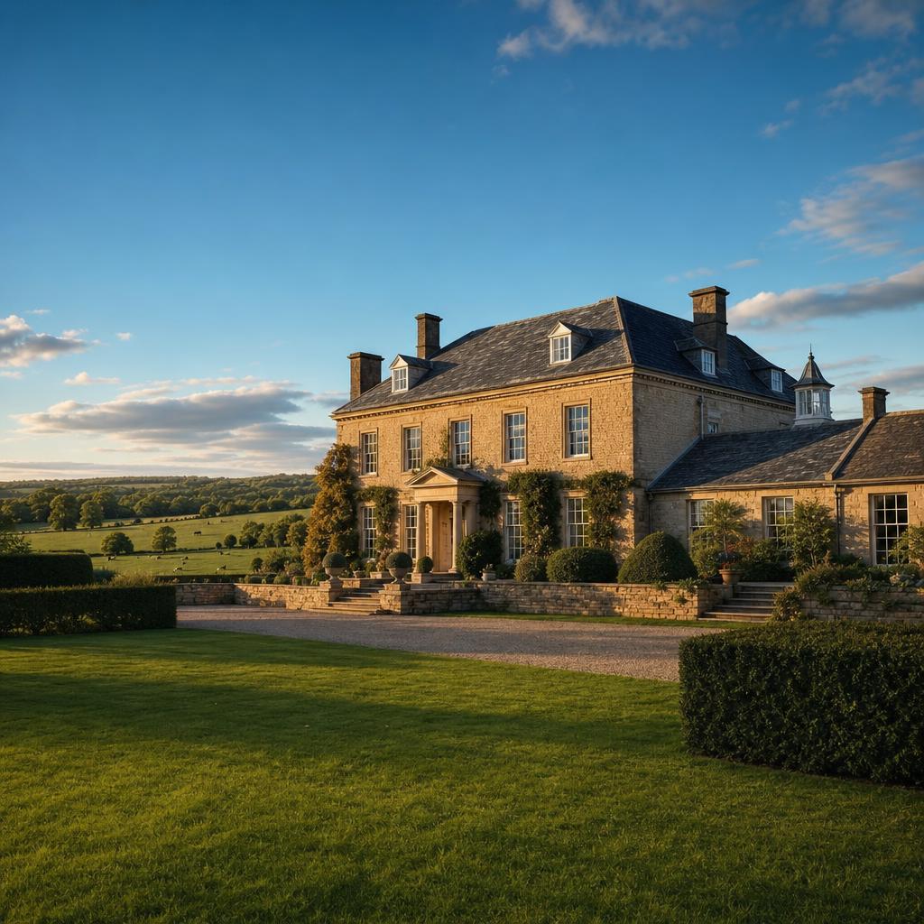 An elegant Cotswold stone country house on a rural estate at golden hour